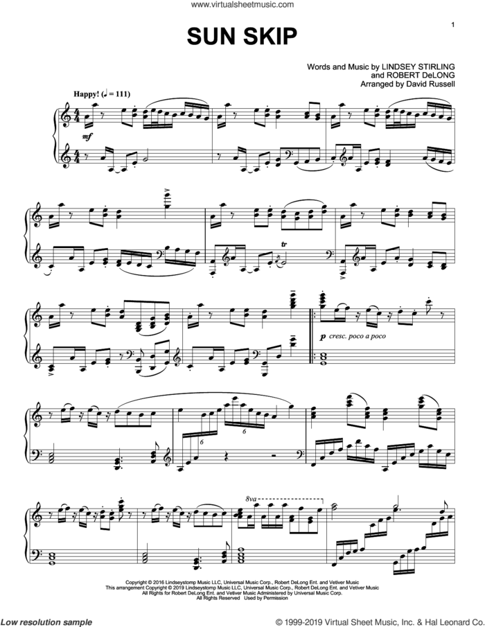 Sun Skip, (intermediate) sheet music for piano solo by Lindsey Stirling and Robert DeLong, intermediate skill level
