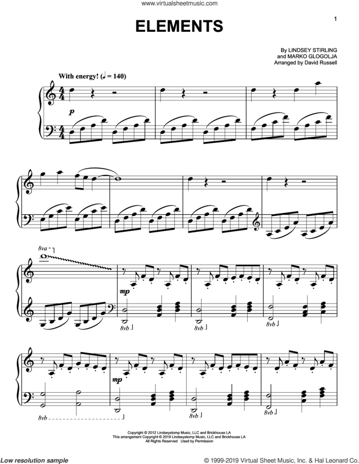 Elements sheet music for piano solo by Lindsey Stirling and Marko Glogolja, easy skill level