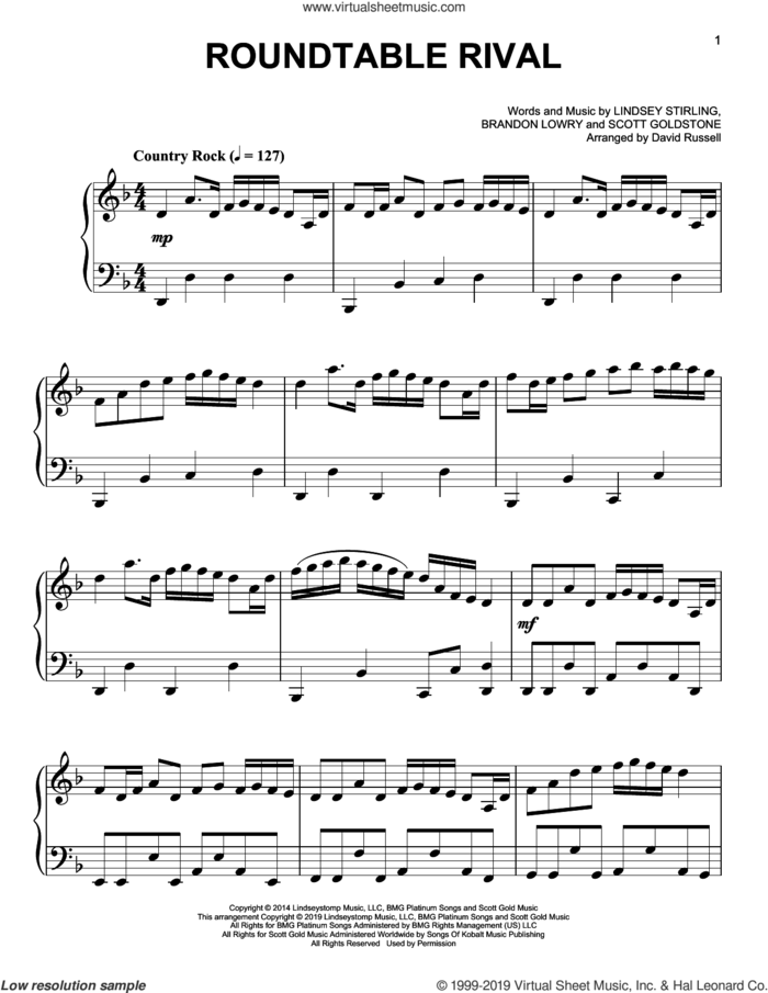 Roundtable Rival, (easy) sheet music for piano solo by Lindsey Stirling and Scott Goldstone, easy skill level