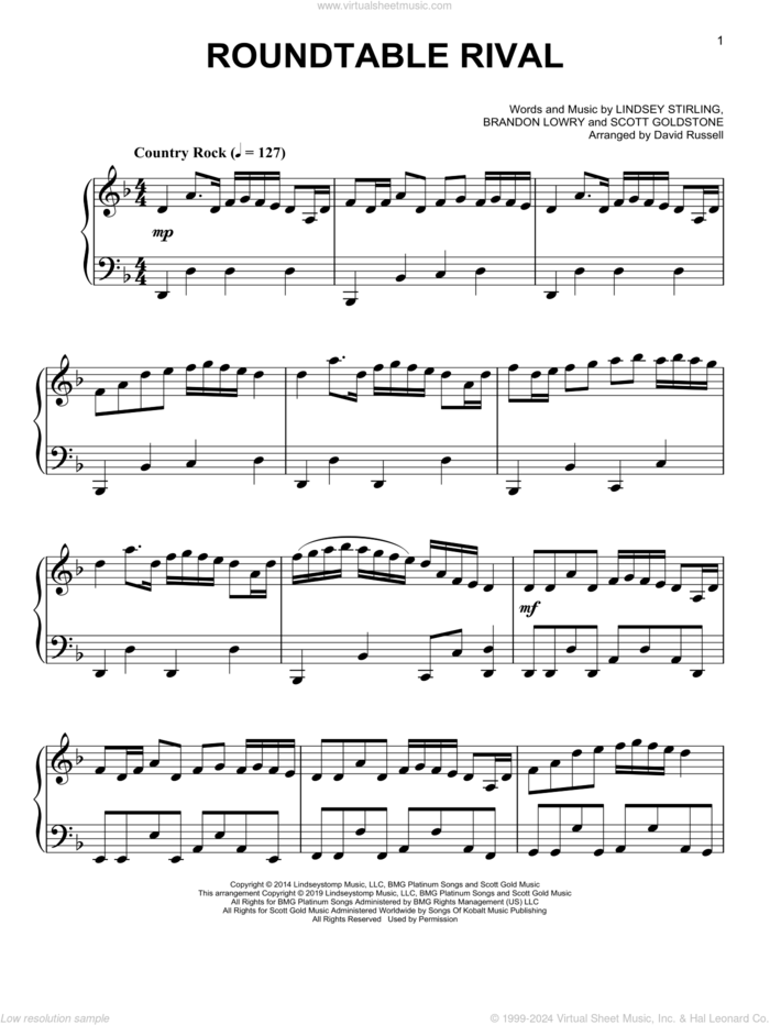 Roundtable Rival, (easy) sheet music for piano solo by Lindsey Stirling and Scott Goldstone, easy skill level