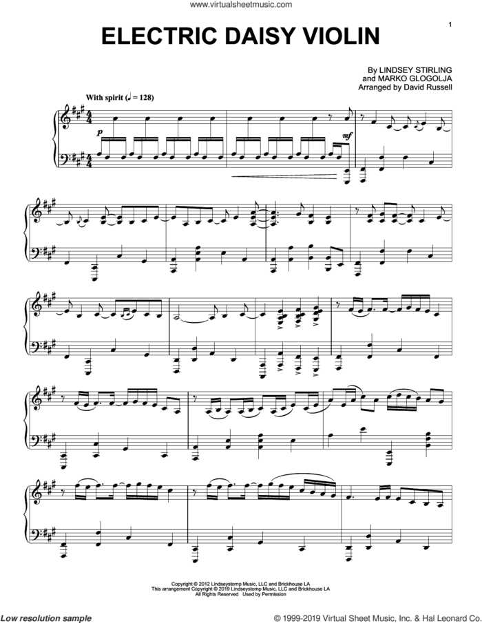 Electric Daisy Violin, (intermediate) sheet music for piano solo by Lindsey Stirling and Marko Glogolja, intermediate skill level