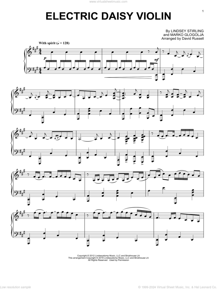 Electric Daisy Violin, (intermediate) sheet music for piano solo by Lindsey Stirling and Marko Glogolja, intermediate skill level