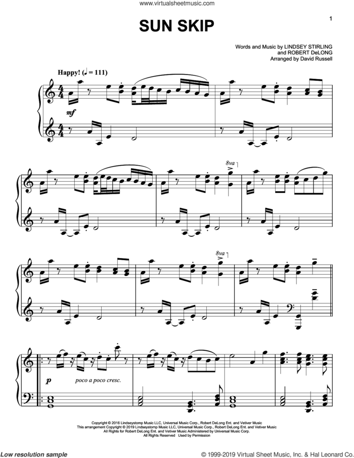 Sun Skip, (easy) sheet music for piano solo by Lindsey Stirling and Robert DeLong, easy skill level