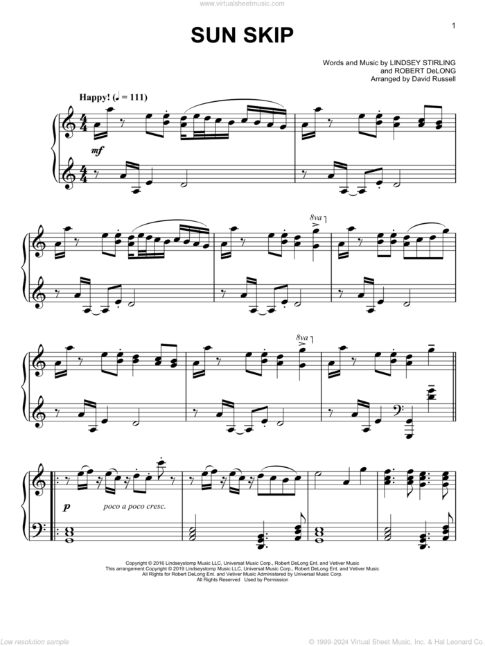 Sun Skip, (easy) sheet music for piano solo by Lindsey Stirling and Robert DeLong, easy skill level