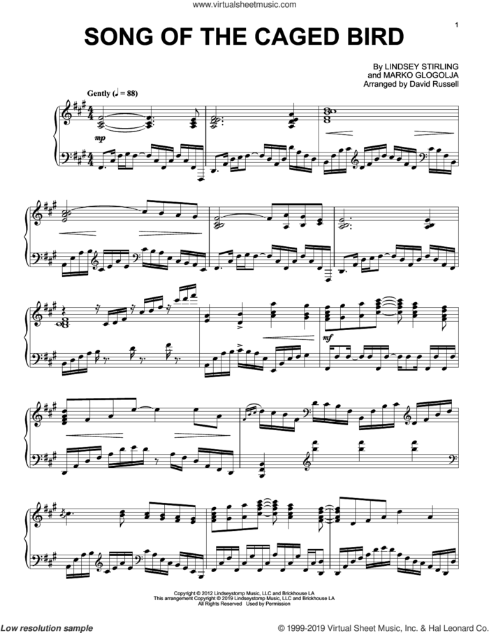 Song Of The Caged Bird, (intermediate) sheet music for piano solo by Lindsey Stirling and Marko Glogolja, intermediate skill level