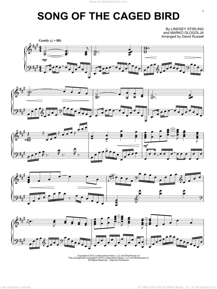 Song Of The Caged Bird, (intermediate) sheet music for piano solo by Lindsey Stirling and Marko Glogolja, intermediate skill level