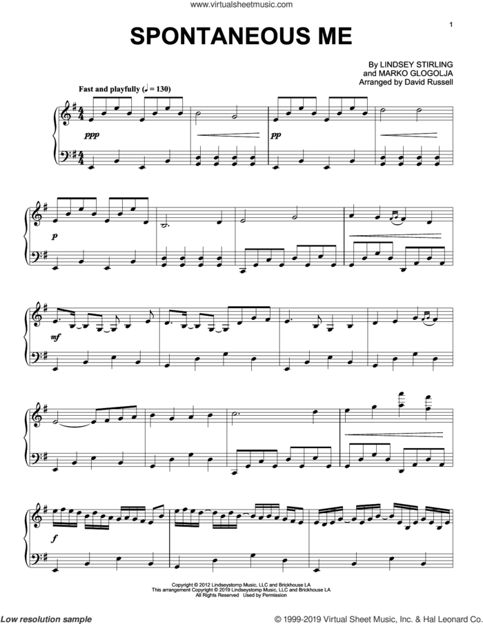 Spontaneous Me, (intermediate) sheet music for piano solo by Lindsey Stirling and Marko Glogolja, intermediate skill level