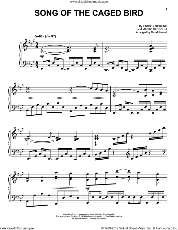 Song Of The Caged Bird, (easy) sheet music for piano solo by Lindsey Stirling and Marko Glogolja, easy skill level