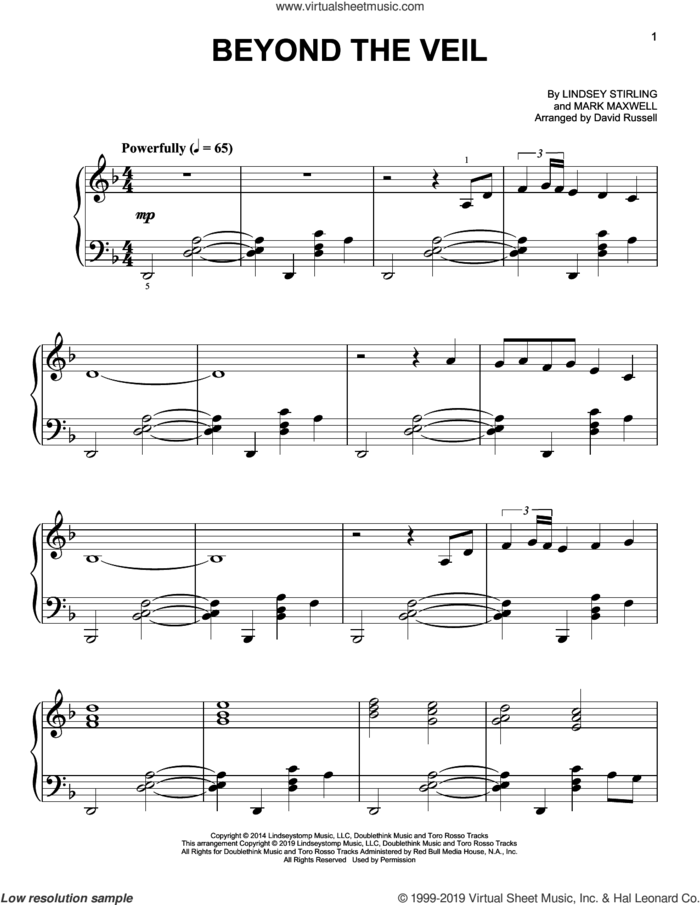 Beyond The Veil sheet music for piano solo by Lindsey Stirling and Mark Maxwell, easy skill level