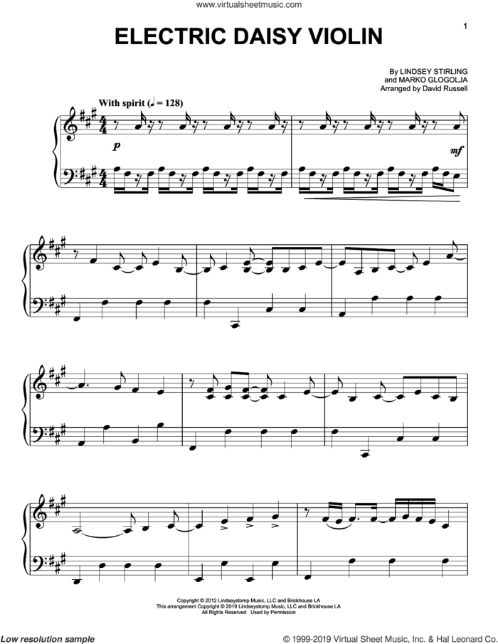 Electric Daisy Violin, (easy) sheet music for piano solo by Lindsey Stirling and Marko Glogolja, easy skill level