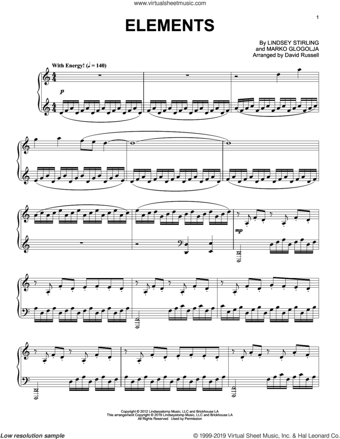 Elements, (intermediate) sheet music for piano solo by Lindsey Stirling and Marko Glogolja, intermediate skill level
