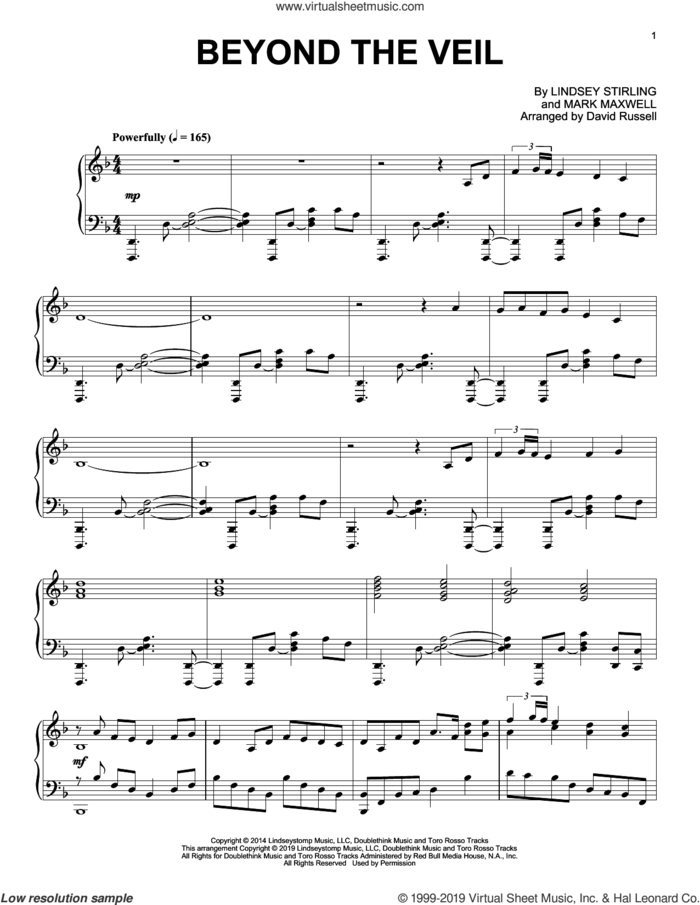 Beyond The Veil, (intermediate) sheet music for piano solo by Lindsey Stirling and Mark Maxwell, intermediate skill level