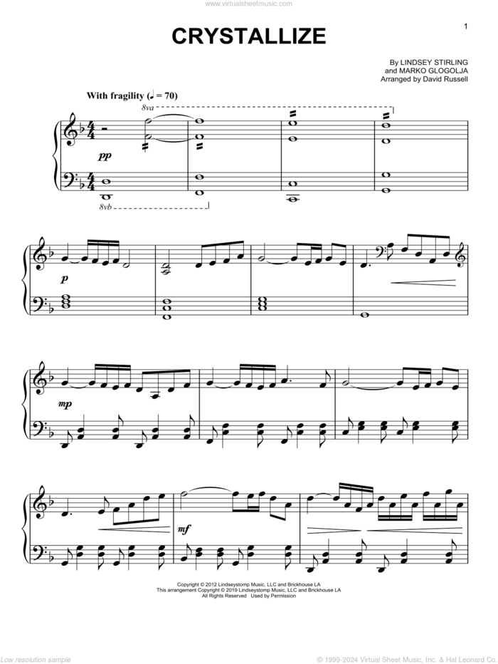 Crystallize, (easy) sheet music for piano solo by Lindsey Stirling and Marko Glogolja, easy skill level