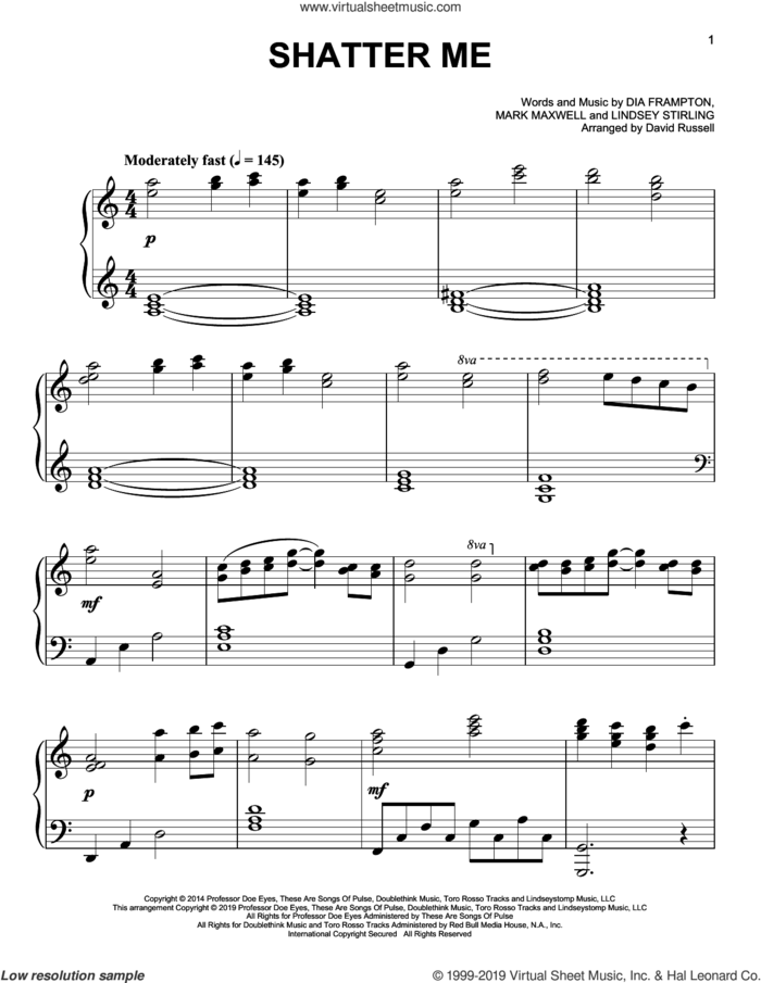 Shatter Me, (easy) sheet music for piano solo by Lindsey Stirling and Dia Frampton, easy skill level