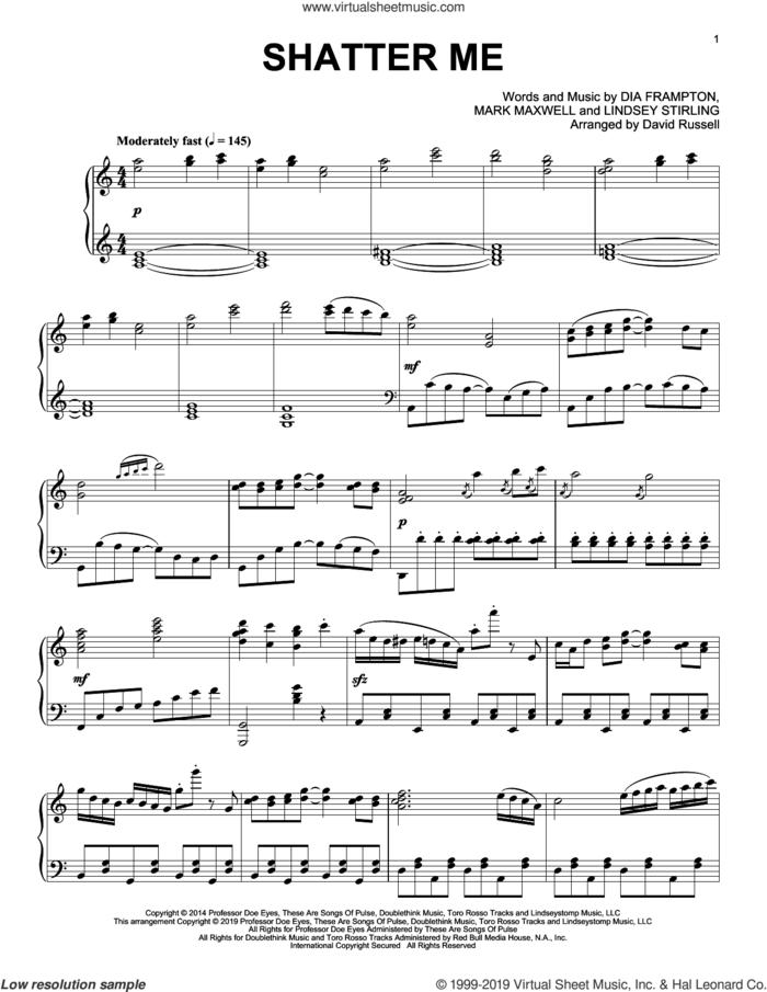 Shatter Me, (intermediate) sheet music for piano solo by Lindsey Stirling, intermediate skill level