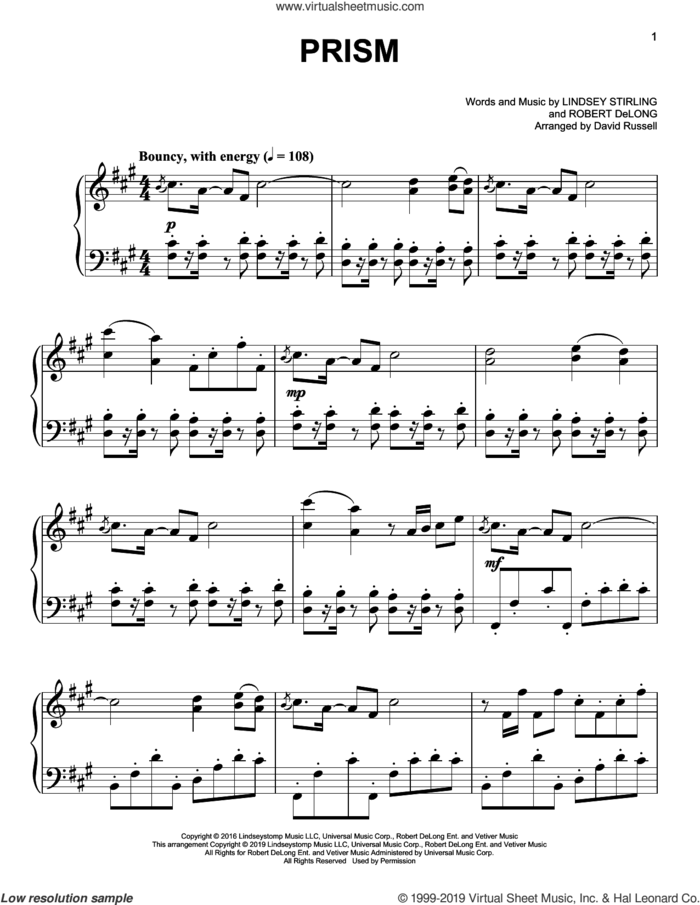Prism sheet music for piano solo by Lindsey Stirling and Robert DeLong, easy skill level
