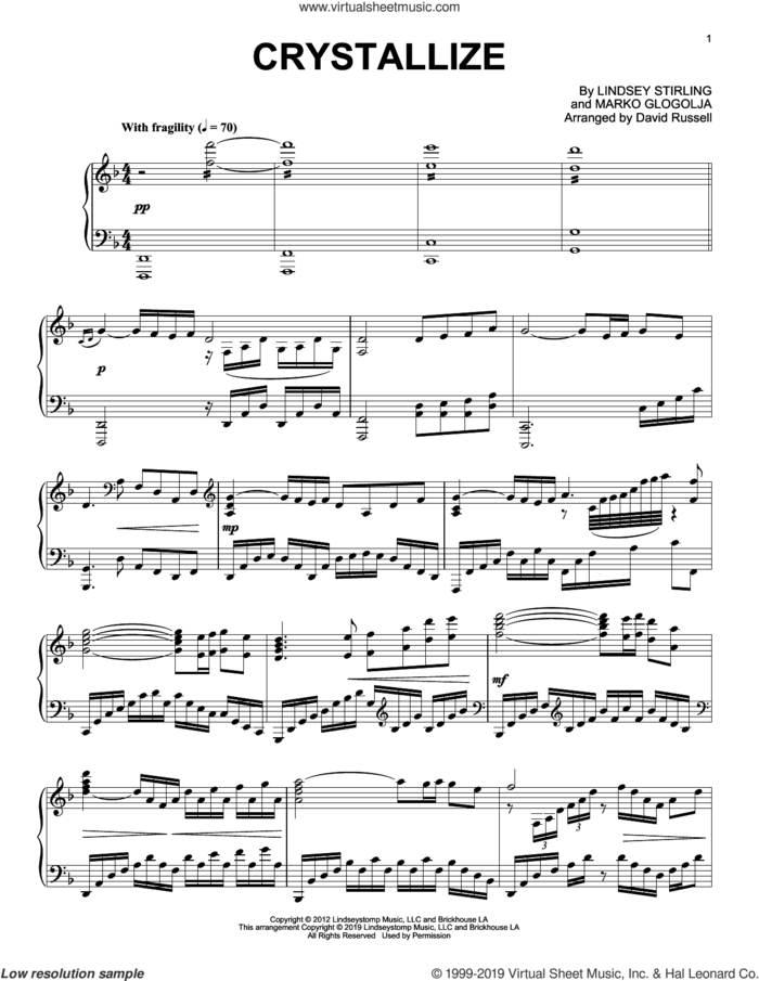 Crystallize, (intermediate) sheet music for piano solo by Lindsey Stirling and Marko Glogolja, intermediate skill level