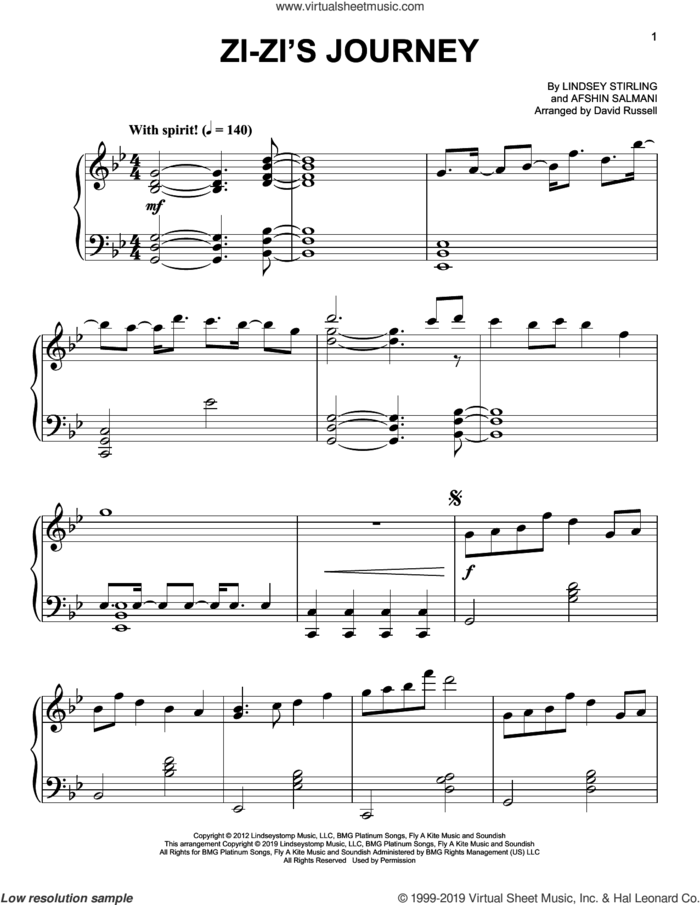Zi-Zi's Journey sheet music for piano solo by Lindsey Stirling and Afshin Salmani, easy skill level