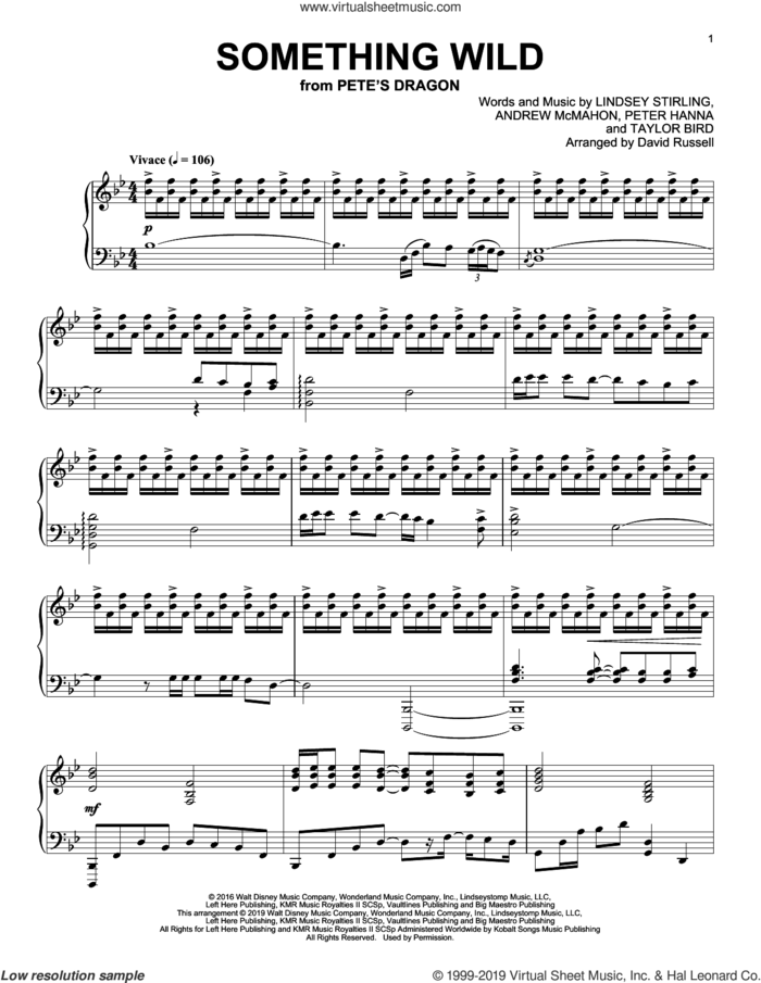 Something Wild, (intermediate) sheet music for piano solo by Lindsey Stirling, Andrew McMahon, Peter Hanna and Taylor Bird, intermediate skill level