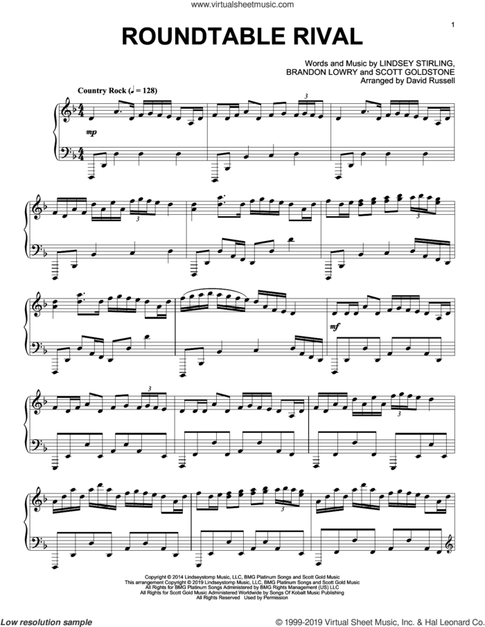 Roundtable Rival, (intermediate) sheet music for piano solo by Lindsey Stirling and Scott Goldstone, intermediate skill level