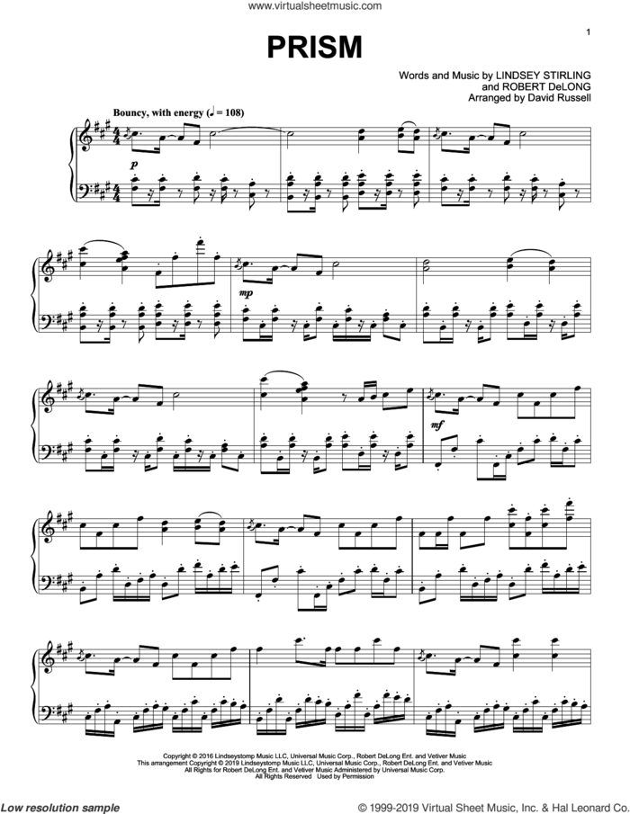 Prism, (intermediate) sheet music for piano solo by Lindsey Stirling and Robert DeLong, intermediate skill level