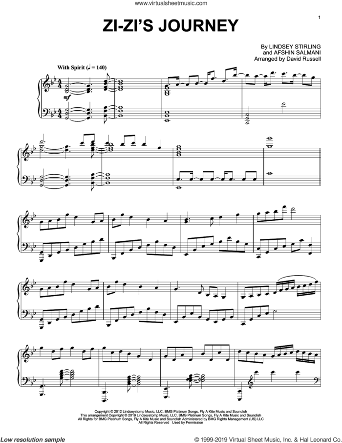 Zi-Zi's Journey sheet music for piano solo by Lindsey Stirling and Afshin Salmani, intermediate skill level