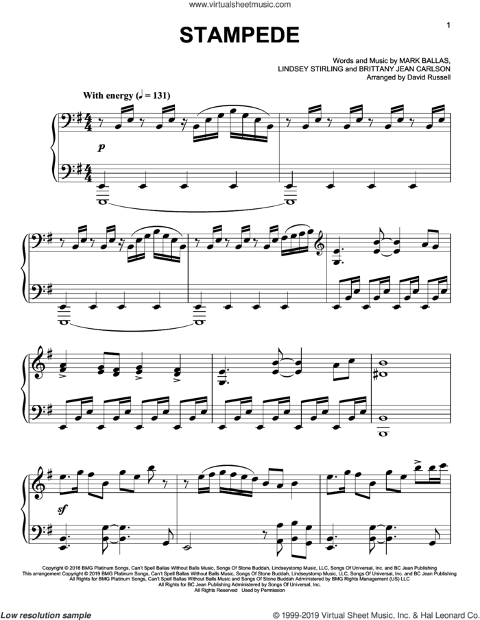 Stampede, (easy) sheet music for piano solo by Lindsey Stirling, Brittany Jean Carlson and Mark Ballas, easy skill level