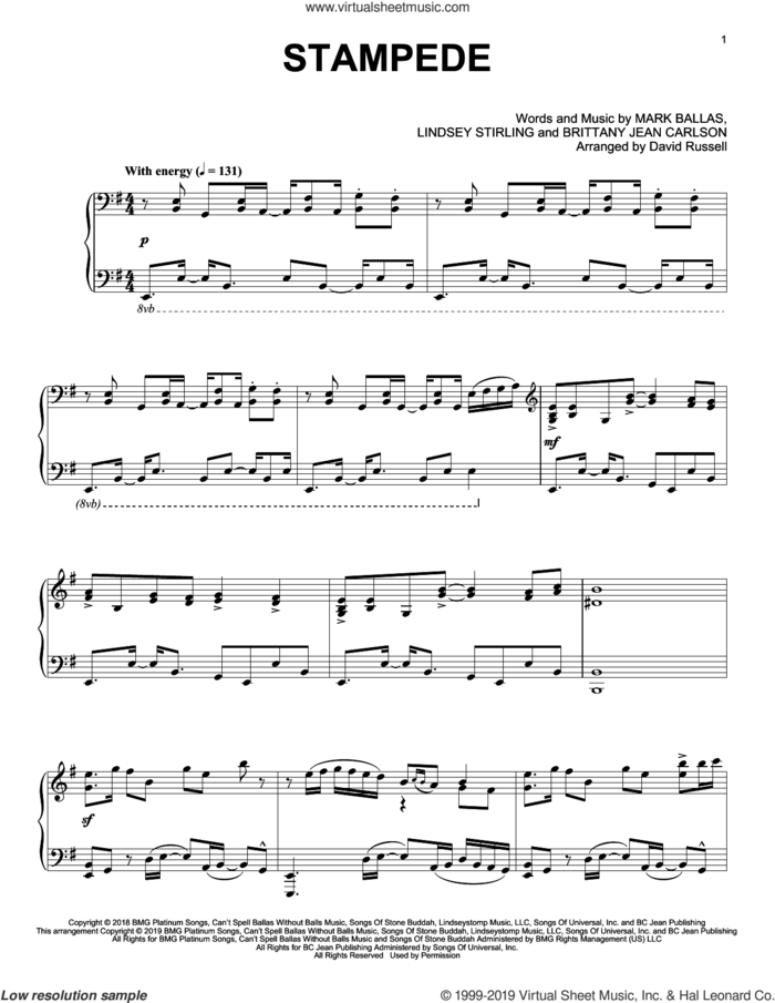 Stampede, (intermediate) sheet music for piano solo by Lindsey Stirling, Brittany Jean Carlson and Mark Ballas, intermediate skill level