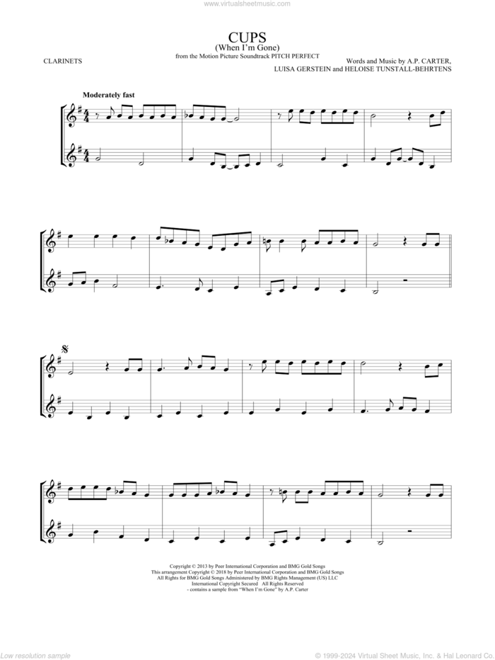 Cups (When I'm Gone) (from Pitch Perfect) sheet music for two clarinets (duets) by Anna Kendrick, A.P. Carter, Heloise Tunstall-Behrens and Luisa Gerstein, intermediate skill level