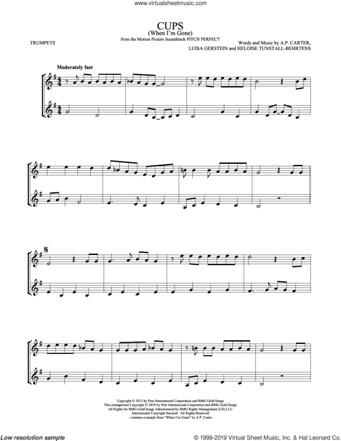 Cups (When I'm Gone) (from Pitch Perfect) sheet music for two trumpets (duet, duets) by Anna Kendrick, A.P. Carter, Heloise Tunstall-Behrens and Luisa Gerstein, intermediate skill level