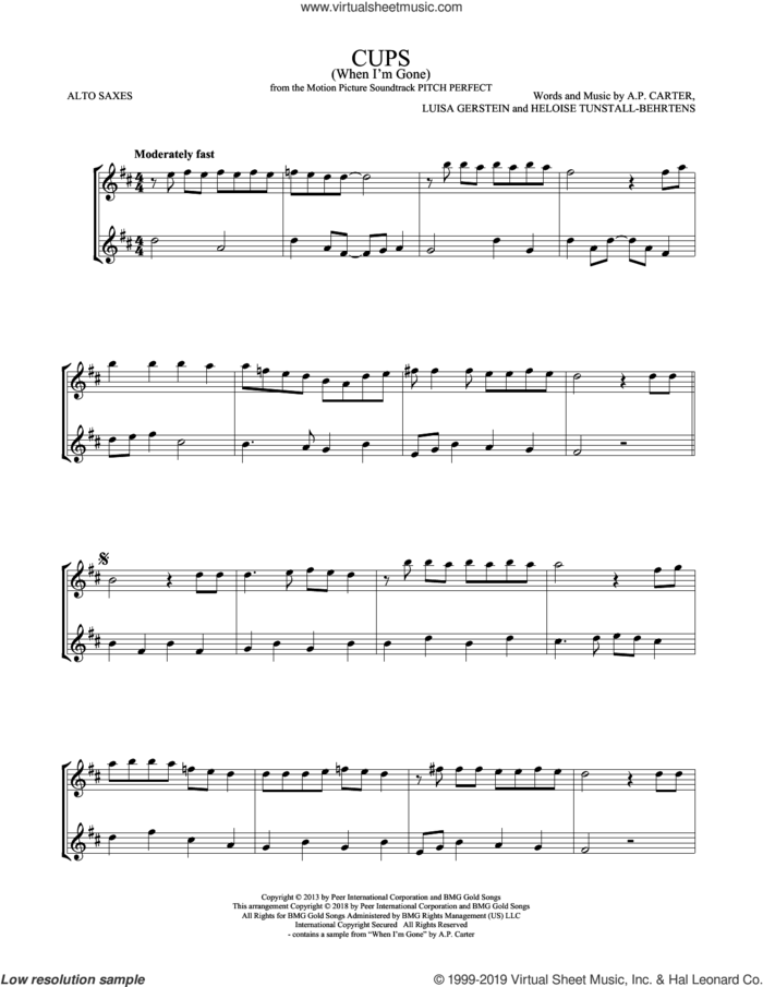Cups (When I'm Gone) (from Pitch Perfect) sheet music for two alto saxophones (duets) by Anna Kendrick, A.P. Carter, Heloise Tunstall-Behrens and Luisa Gerstein, intermediate skill level