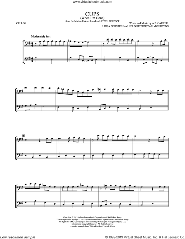 Cups (When I'm Gone) (from Pitch Perfect) sheet music for two cellos (duet, duets) by Anna Kendrick, A.P. Carter, Heloise Tunstall-Behrens and Luisa Gerstein, intermediate skill level