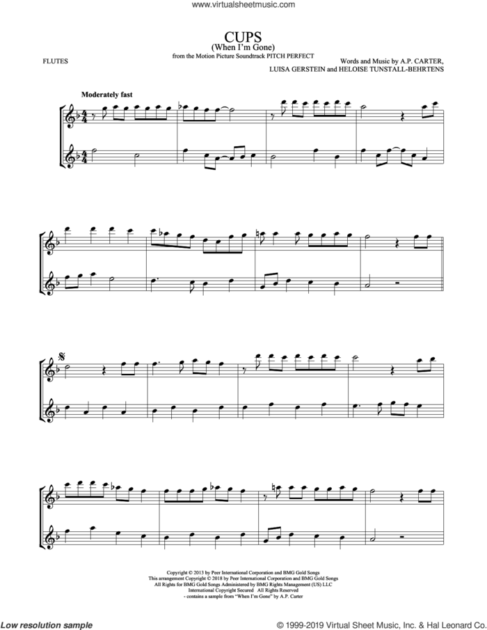 Cups (When I'm Gone) (from Pitch Perfect) sheet music for two flutes (duets) by Anna Kendrick, A.P. Carter, Heloise Tunstall-Behrens and Luisa Gerstein, intermediate skill level