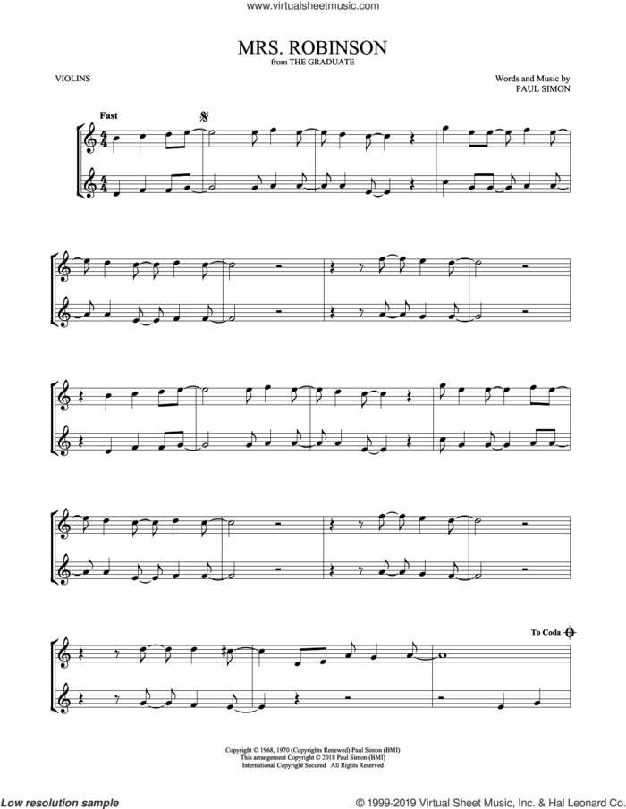 Mrs. Robinson sheet music for two violins (duets, violin duets) by Simon & Garfunkel, intermediate skill level