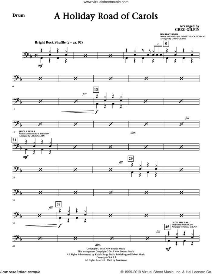 A Holiday Road Of Carols (arr. Greg Gilpin) sheet music for orchestra/band (drums) by Lindsey Buckingham and Greg Gilpin, intermediate skill level