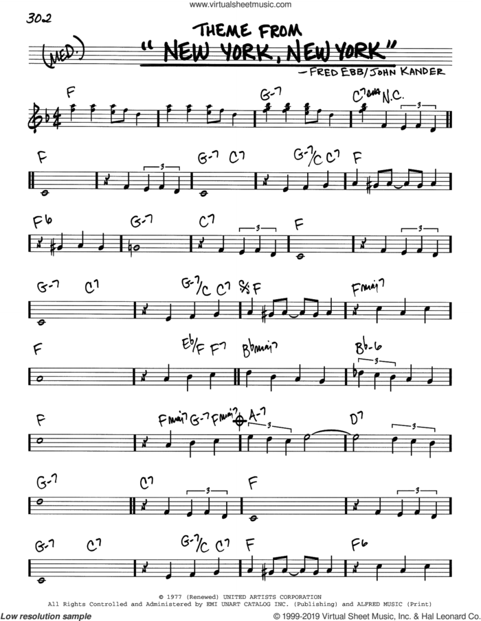 Theme From 'New York, New York' sheet music for voice and other instruments (real book) by Frank Sinatra, Fred Ebb and John Kander, intermediate skill level