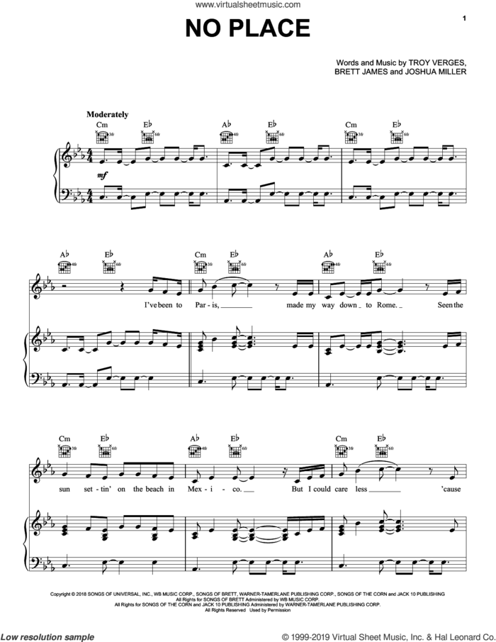 No Place sheet music for voice, piano or guitar by Backstreet Boys, Brett James, Joshua Miller and Troy Verges, intermediate skill level