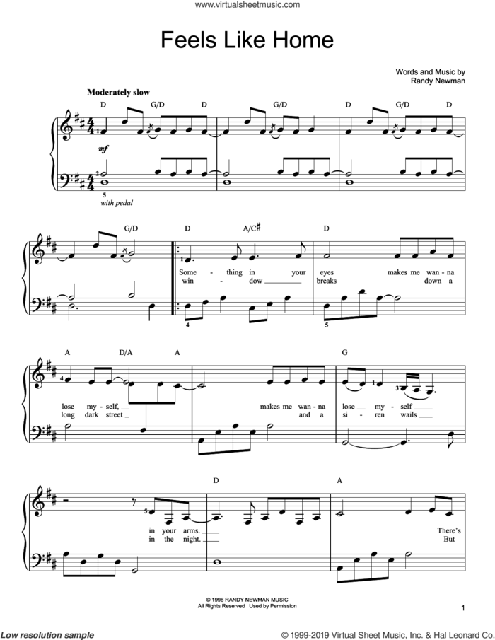 Feels Like Home sheet music for piano solo by Chantal Kreviazuk and Randy Newman, easy skill level