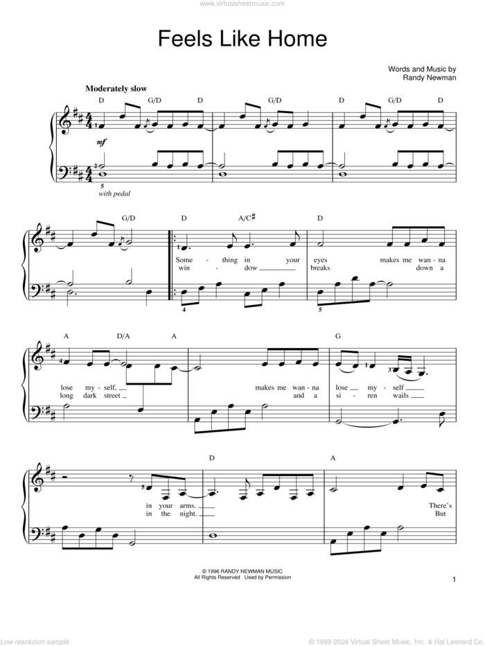 Feels Like Home sheet music for piano solo by Chantal Kreviazuk and Randy Newman, easy skill level