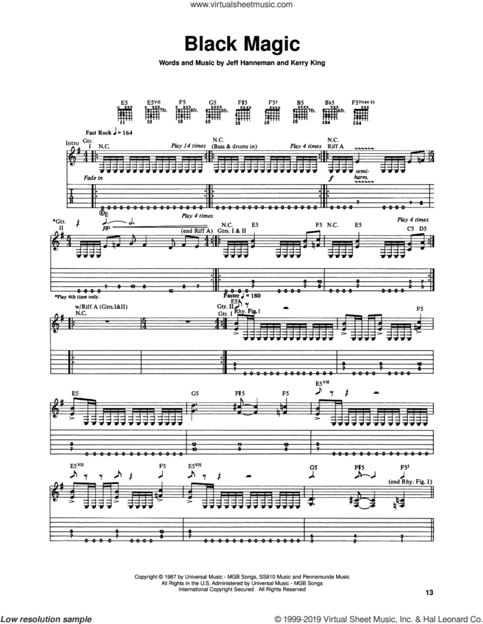 Black Magic sheet music for guitar (tablature) by Slayer, Jeff Hanneman and Kerry King, intermediate skill level