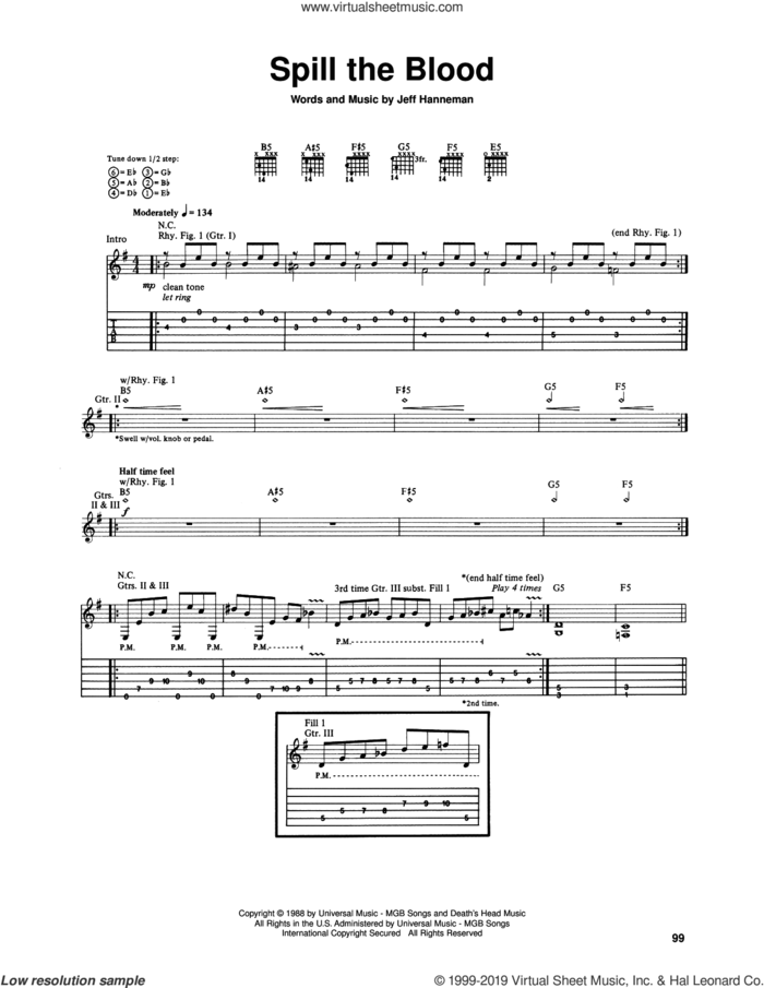 Spill The Blood sheet music for guitar (tablature) by Slayer and Jeff Hanneman, intermediate skill level