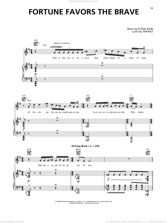 Fortune Favors The Brave (from Aida) sheet music for voice and piano by Elton John and Tim Rice, intermediate skill level