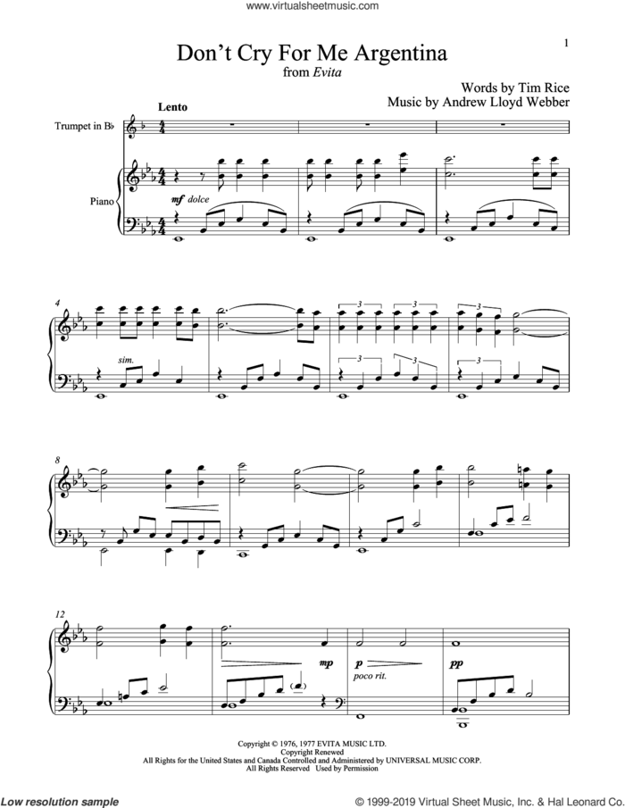 Don't Cry For Me Argentina (from Evita) sheet music for trumpet and piano by Andrew Lloyd Webber, Madonna and Tim Rice, intermediate skill level