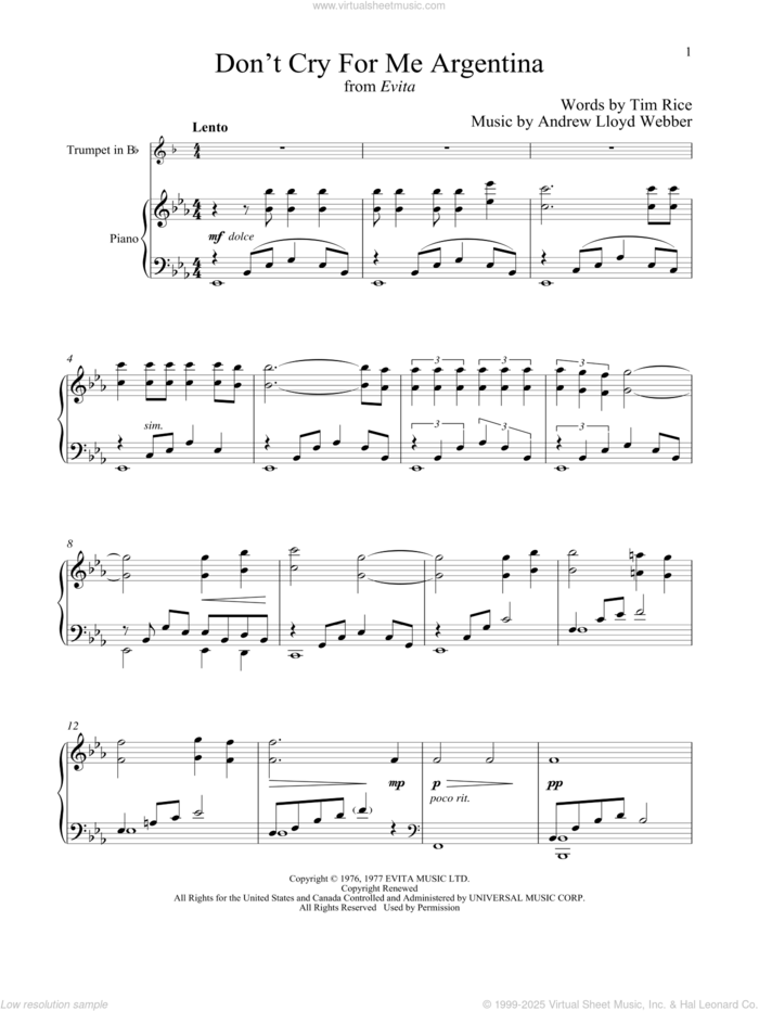 Don't Cry For Me Argentina (from Evita) sheet music for trumpet and piano by Andrew Lloyd Webber, Madonna and Tim Rice, intermediate skill level