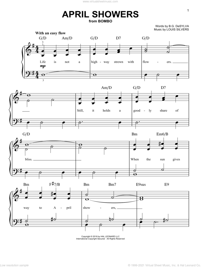 April Showers sheet music for piano solo by Buddy DeSylva, Al Jolson and Louis Silvers, easy skill level