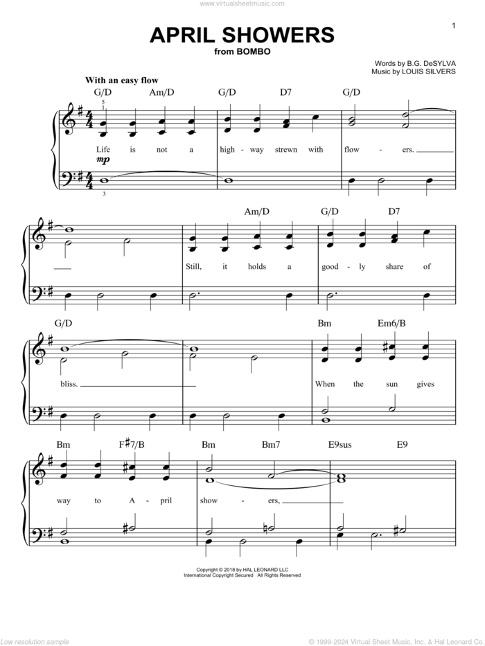 April Showers sheet music for piano solo by Buddy DeSylva, Al Jolson and Louis Silvers, easy skill level