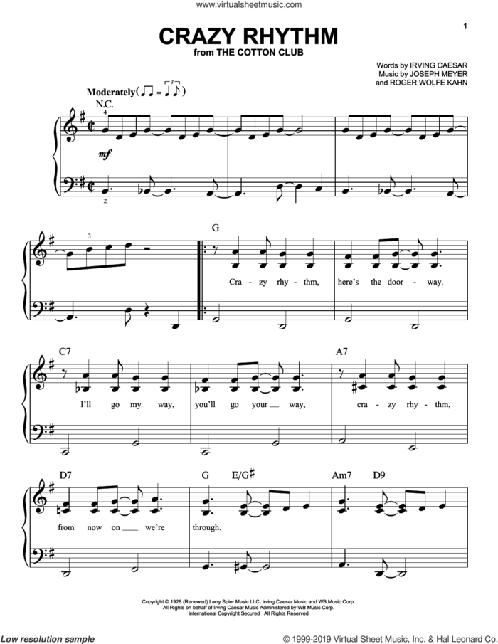 Crazy Rhythm sheet music for piano solo by Irving Caesar, Ben Bernie, Joseph Meyer and Roger Wolfe Kahn, easy skill level