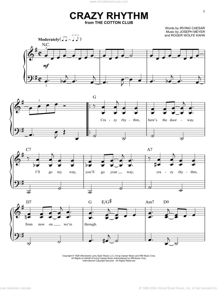 Crazy Rhythm sheet music for piano solo by Irving Caesar, Ben Bernie, Joseph Meyer and Roger Wolfe Kahn, easy skill level