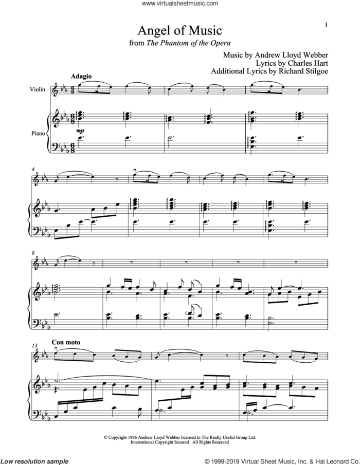 Angel Of Music (from The Phantom of The Opera) sheet music for violin and piano by Andrew Lloyd Webber, Charles Hart and Richard Stilgoe, intermediate skill level