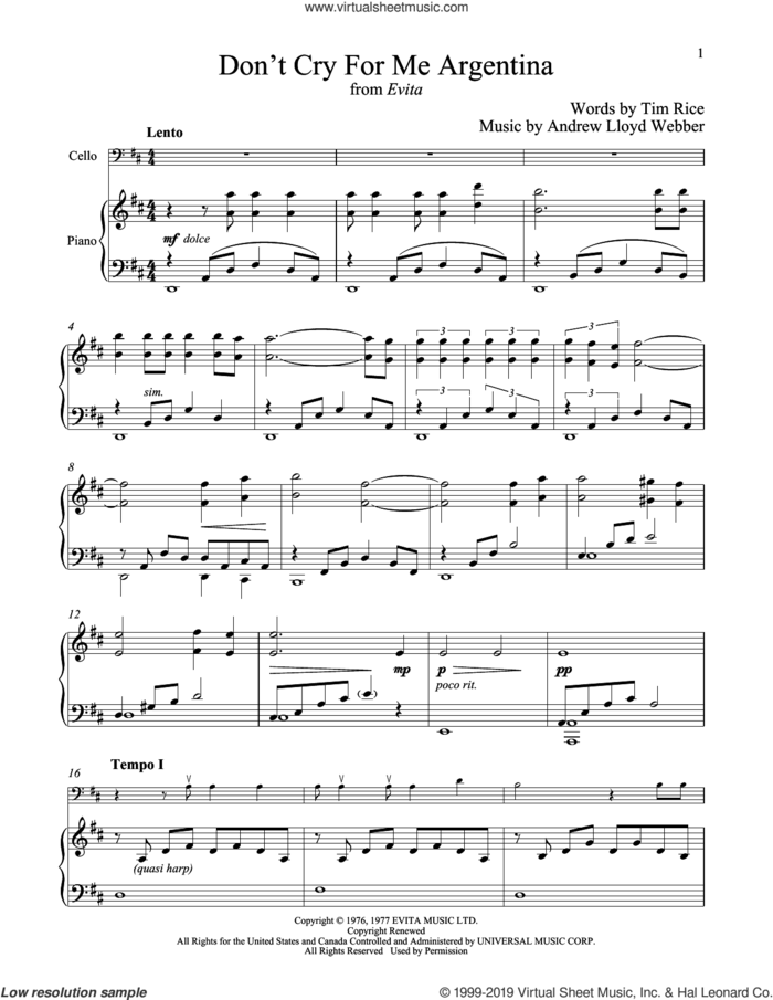 Don't Cry For Me Argentina (from Evita) sheet music for cello and piano by Andrew Lloyd Webber, Madonna and Tim Rice, intermediate skill level